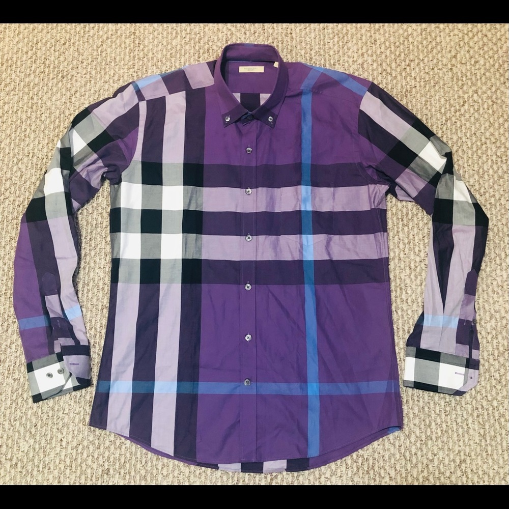 BURBERRY BRIT Men's Dress Button Down Shirt Purple Long Sleeve Size Large